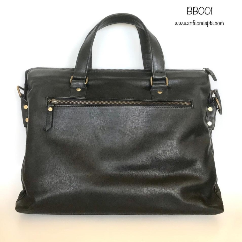 Weekender bag, Graphite black Laptop bag, High quality leather. Pebbled Leather. - Picture 4 of 9